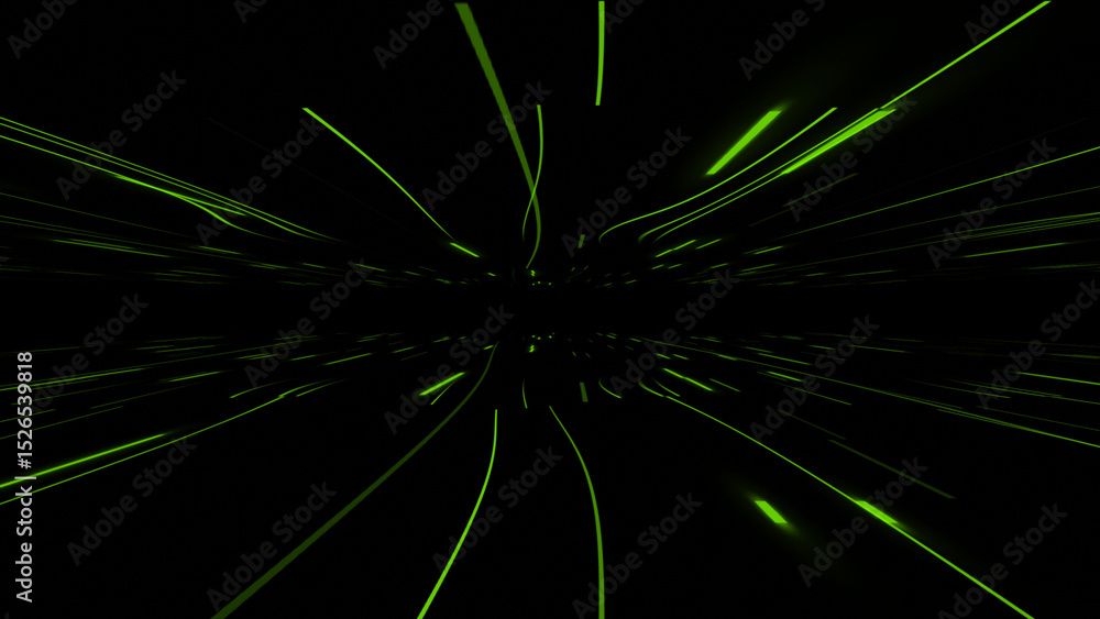 Poster hi-tech futuristic floating lines in dark space background, lime green color glowing lines moving on