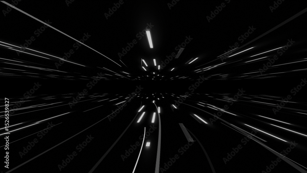 Poster hi-tech futuristic floating lines in dark space background, white color glowing lines moving on blac