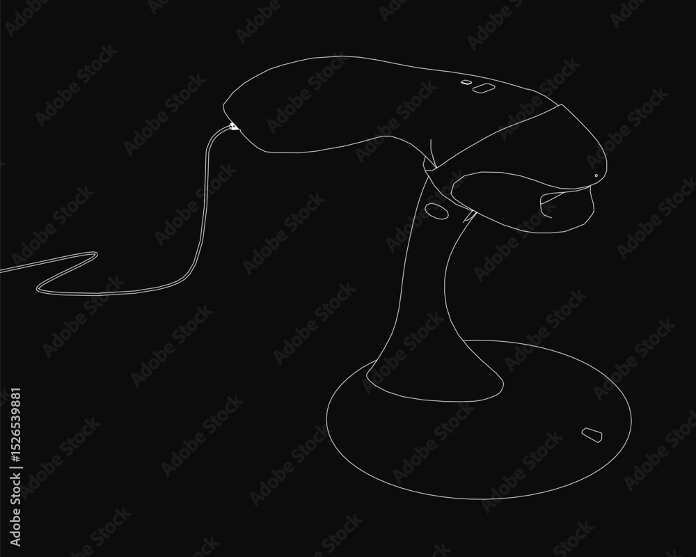 Poster a black and white drawing of a barcode trading scanner with a cord attached to it. concept of curios