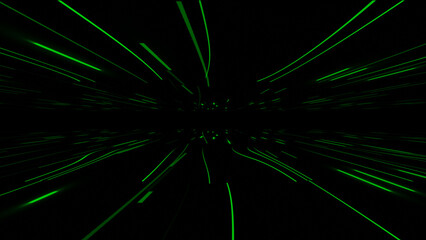 Hi-tech futuristic floating lines in dark space background, Green color glowing lines moving on...