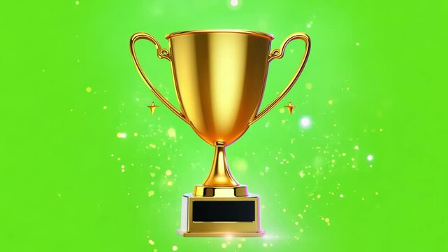 Golden trophy appearing on green screen background with sparkling particles