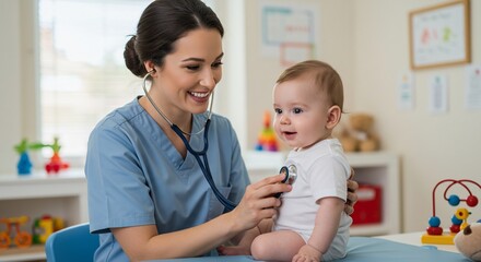 Smiling pediatrician examining a baby with a stethoscope in a bright, cheerful office.