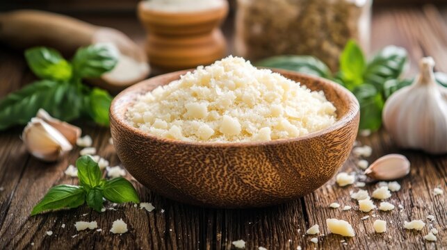 A wooden bowl filled with grated Parmesan cheese, surrounded by fresh basil leaves and garlic cloves on a rustic wooden table. - Powered by Adobe