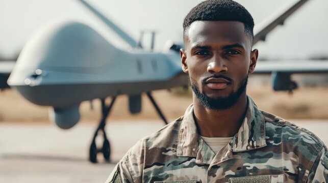African American Soldier Posing with Drone, Military Uniform, Serious Gaze, Ready