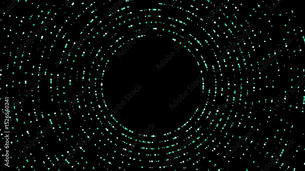 Poster sci-fi futuristic circular dots background for logo reveal or intro, colorful dots rotating on black