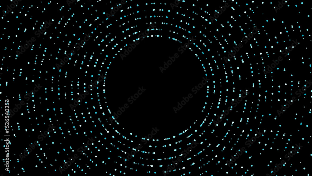 Poster sci-fi futuristic circular dots background for logo reveal or intro, colorful dots rotating on black