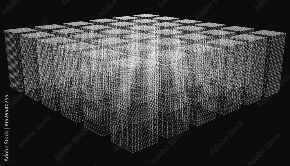 Poster a cube of white pixels with a black background. the cube is filled with a lot of white pixels, creat