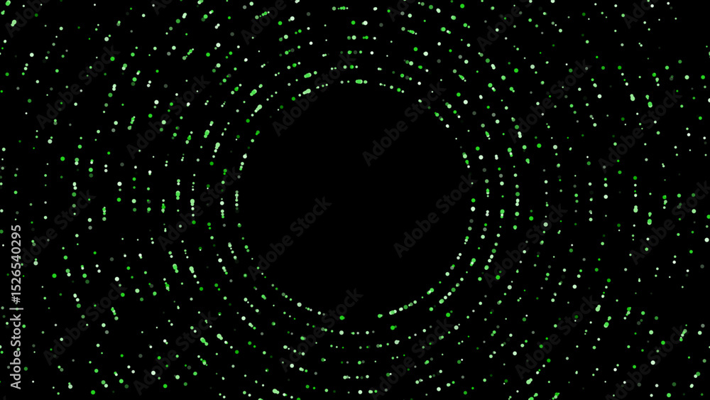 Poster sci-fi futuristic circular dots background for logo reveal or intro, colorful dots rotating on black
