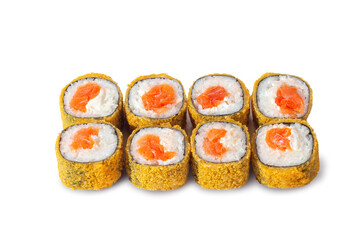 Crispy tempura sushi rolls with salmon and cream cheese isolated on white