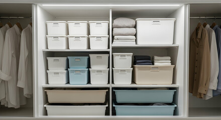 Organized Closet With Storage Bins And Folded Clothes For Minimalist Lifestyle