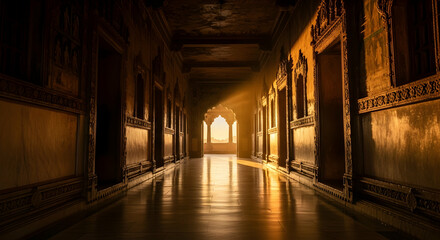 Fototapeta premium Magnificent Hallway With Arched Windows And Sunlight Bursting Through