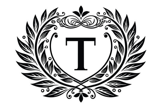 Elegant Monogram Design Flourishing Letter T with Laurel Wreath