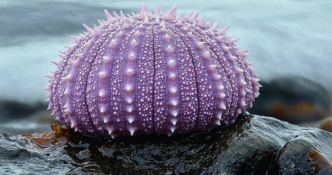 Close-up of a purple sea urchin on a rock, with blurred background, daylight, showing details of the spiky shell