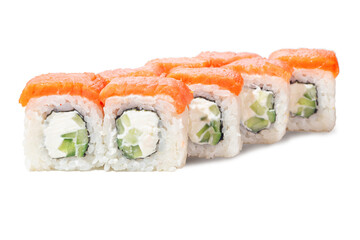 Classic Philadelphia sushi rolls with fresh salmon on top, filled with cucumber and cream cheese. Eight clean-cut pieces isolated on white background, ideal for delivery menu and promotional use
