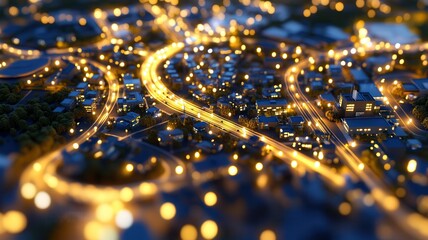 Vibrant aerial view of urban nightscape with illuminated roads and buildings creating a stunning golden glow across the city. Robotics and automation