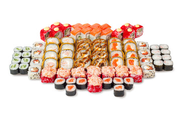 Colorful assortment of sushi rolls including tempura, Philadelphia, California, maki and baked...