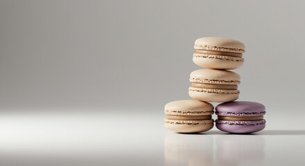 Stacked pastel macarons with caramel filling on a reflective surface