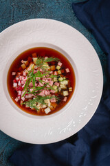 Traditional Russian cold soup okroshka served with kvass and vegetables