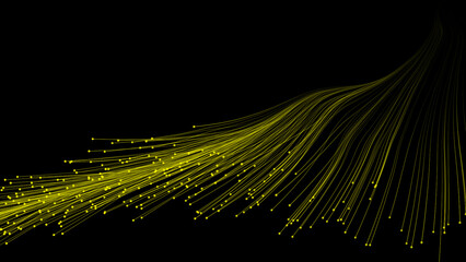 Yellow color abstract designed particles slowly moving on black background, white particles...