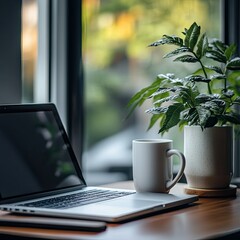 A serene workspace featuring a sleek laptop, a white coffee mug, and a vibrant green plant, illuminated by natural light streaming through large windows in a cozy environment