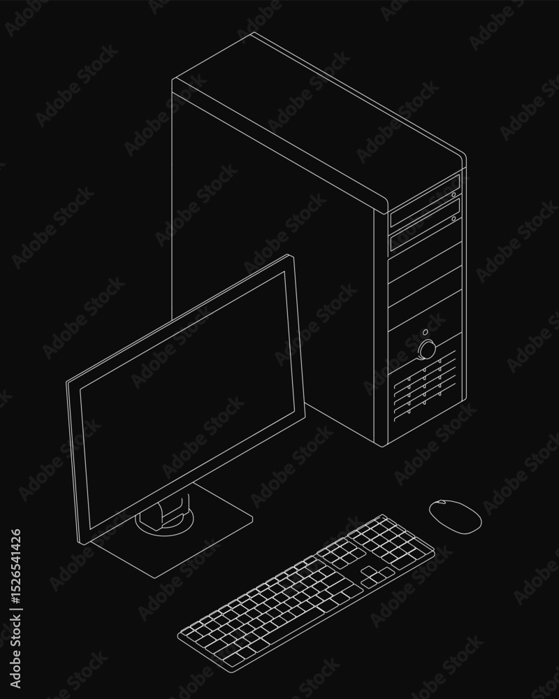 Fototapete a computer monitor and keyboard are shown in a black and white drawing. the computer is a desktop co