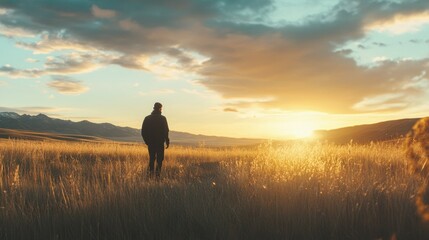 A solitary figure walks through a golden field at sunset, surrounded by mountains, capturing a moment of tranquility and reflection in nature's beauty