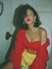 Stylish woman vibrant red yellow fashion outfit sitting toilet edgy bathroom setting bold makeup confident expression, modern urban portrait attitude glamour film 90s 80s retro pinup lady female 