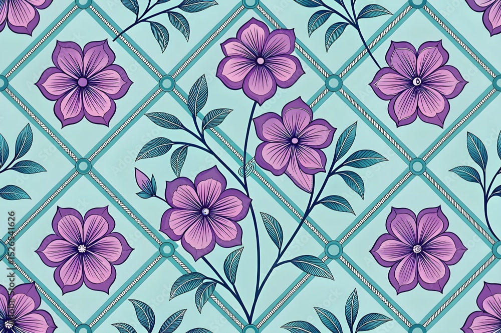 Poster generate a seamless repeating pattern featuring stunning purple flowers and elegant lattice design