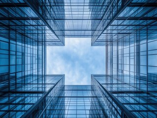 A stunning view looking up at modern glass skyscrapers, showcasing their reflective surfaces and geometric architecture against a bright blue sky with scattered clouds
