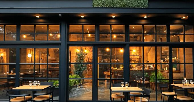 Exterior view of a restaurant at night with warm lighting a brick wall and glass windows visible through black frames. Includes interior and exterior views of restaurant. Night lights and brick wall