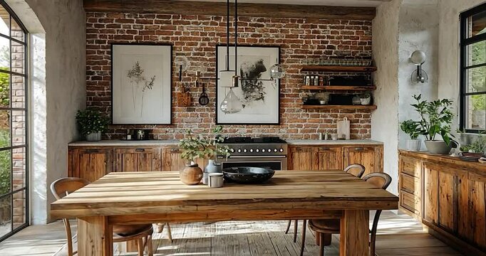 Rustic interior design with brick wall and wooden furniture. Rustic interior kitchen in a country home with a wooden table and stone floor. Features a warm, rustic, and vintage aesthetic