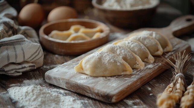A wooden cutting board with freshly made dumplings, surrounded by flour, eggs, and a kitchen towel on a rustic wooden table.