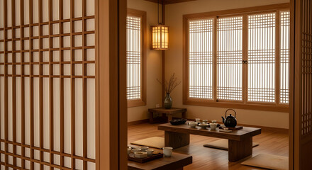 Traditional Korean Tea Room With Tatami Mats And Wooden Framed Windows