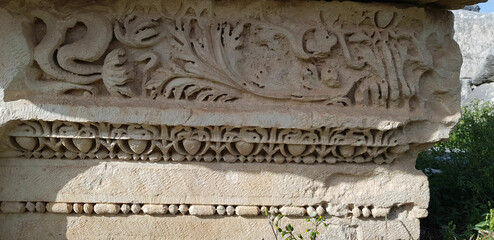 Close-up of decoration of ancient Greek column in Perge near Antalya, Turkey
