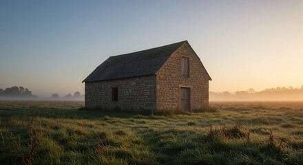 Stone Barn in Misty Field at Sunrise, Rural Landscape Serenity