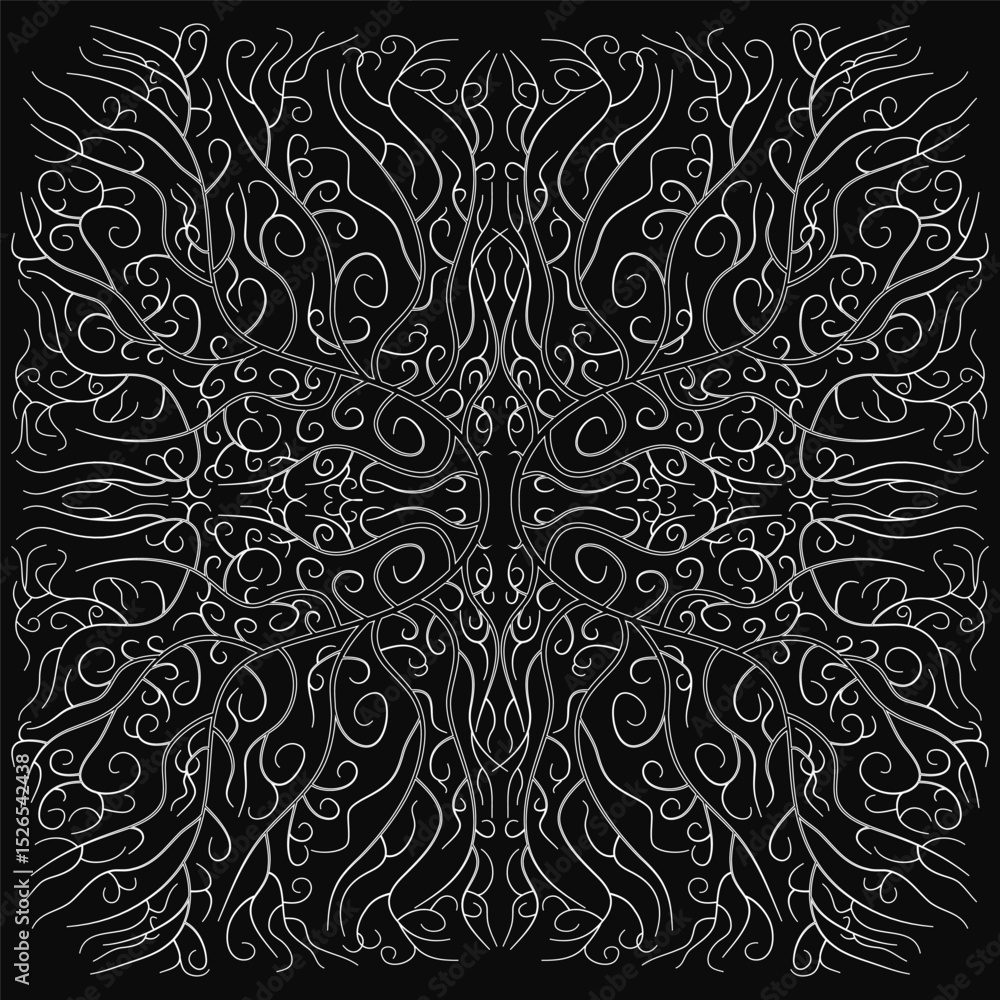 Poster a black and white image of a decorative ornament with many branches and leaves. the image is abstrac