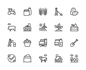 Agriculture related vector linear icons set. Contains such icons as agriculture, agro, farm, farmer, harvest, livestock and more.
