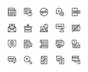 Fake News related vector linear icons set. Contains such icons as facts, propaganda, clickbait, rumors, internet hoax and more.