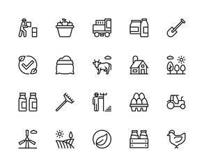 Agriculture related vector linear icons set. Contains such icons as harvest, crop production, livestock, tractor, field and more.