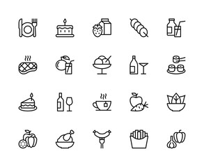 Meal related vector linear icons set. Contains such icons as plate, cake, juice, shashlik, steak and more.