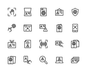ID card related vector linear icons set. Contains such icons as scan, face, identification, fingerprint, digital, user, data and more.