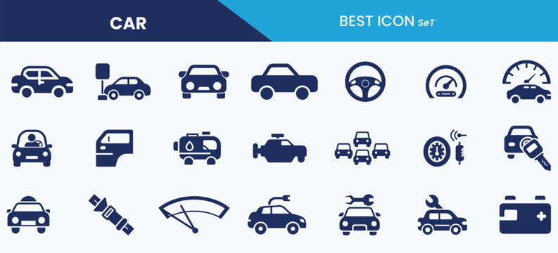 Best car solid icon set collection. Car wash, repair, gauge, passenger, driver, oil, traffic jam and vector illustration.