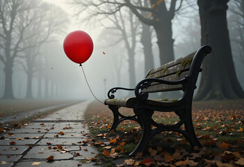  In the fog, a red balloon is secured to a bench, creating a striking contrast against the gray background.