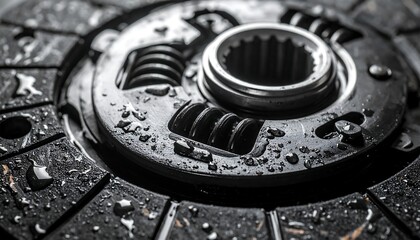 Close-up view showcases a metallic clutch mechanism glistening with moisture in monochromatic tones.