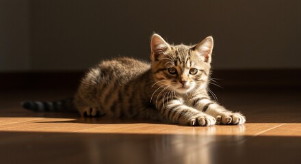 Tabby kitten lounging in sunlight on a wood floor, looking directly at the camera.