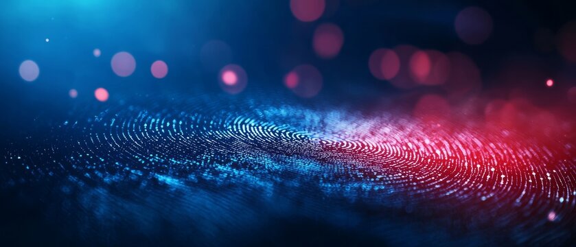 Abstract digital fingerprint with blue and red lights, symbolizing security, identity, and technology in a futuristic style.