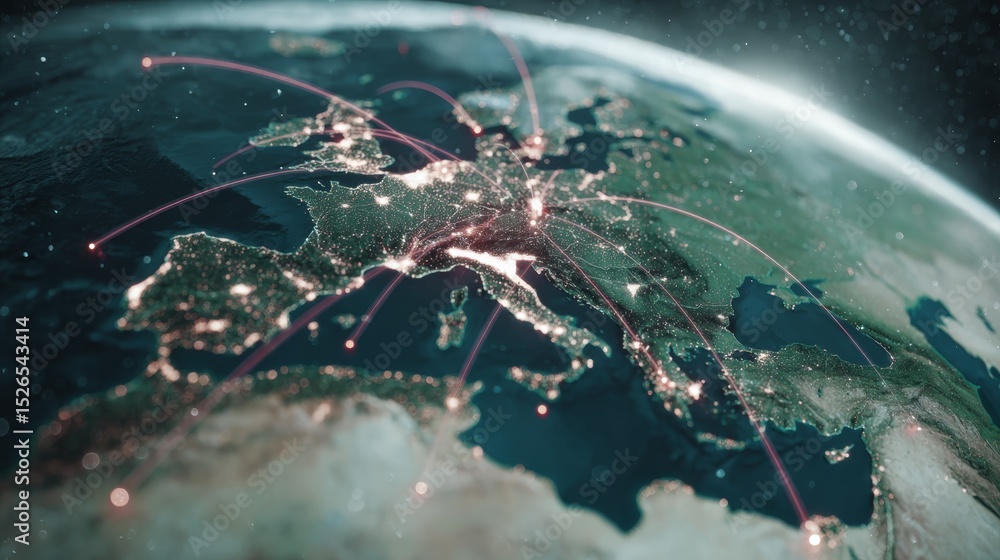 Aufkleber Digital globe emphasizing interconnected cities with glowing red trade routes and a modern, futuristic style symbolizing global connectivity and commerce