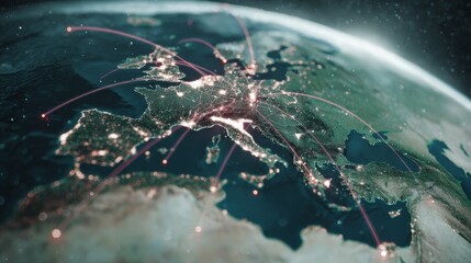 Digital globe emphasizing interconnected cities with glowing red trade routes and a modern, futuristic style symbolizing global connectivity and commerce