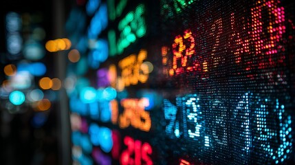 Stock market data ticker led display screen showing stock quotes and financial information for traders