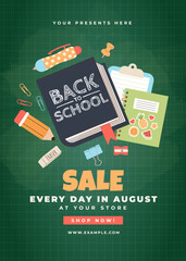 Back to School banner with typography and school supplies elements. Vector design template for poster, card, sale, party invitation, flyer.